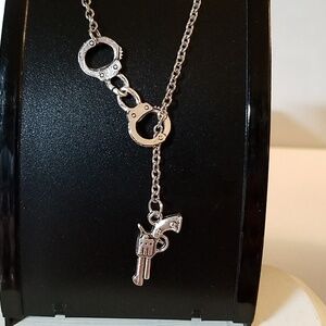 Handcuff & Pistol Gun Silver Tone Necklace 18"